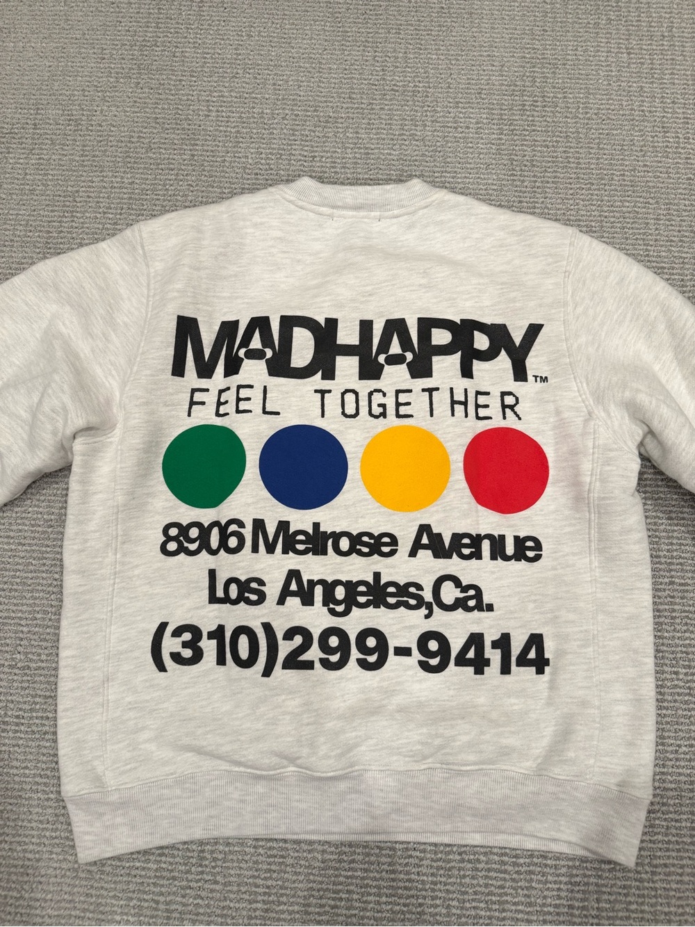 Madhappy Light Gray Crewneck Sweatshirt with Green, Blue, Yellow & Red Dots